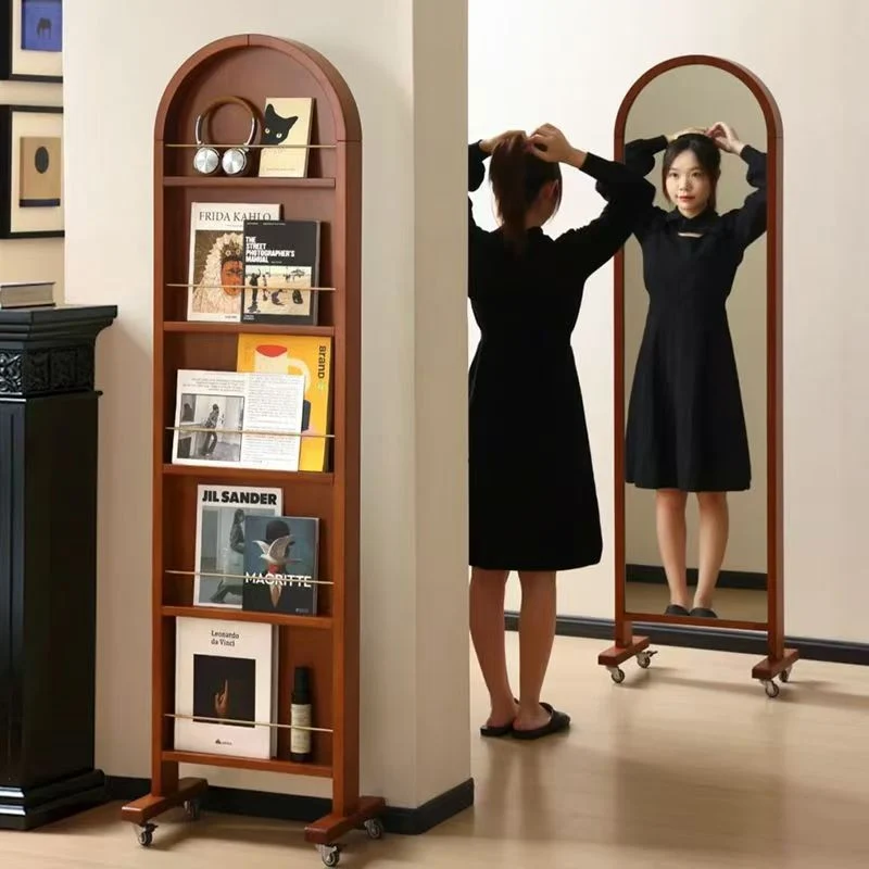 Contemporary Retro Solid Wood & Plywood Aluminum Alloy Glass Arched Storage Shelf 5-Tier Storage With Mirror And Wheels For Living Room Bedroom