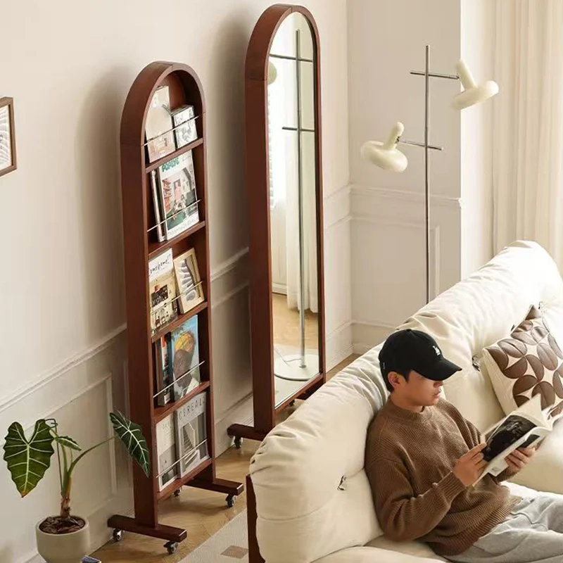 Contemporary Retro Solid Wood & Plywood Aluminum Alloy Glass Arched Storage Shelf 5-Tier Storage With Mirror And Wheels For Living Room Bedroom