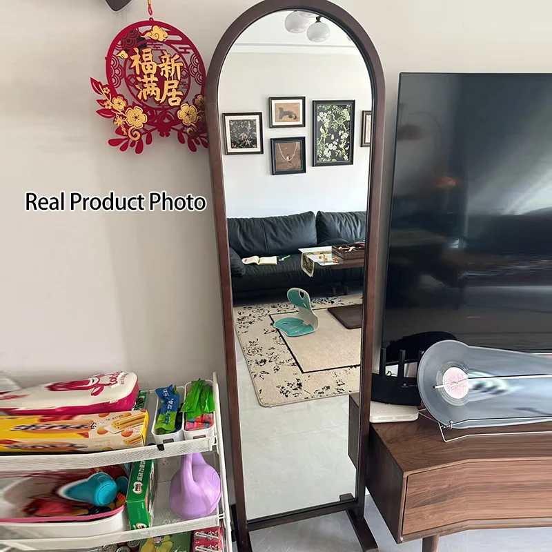 Contemporary Retro Solid Wood & Plywood Aluminum Alloy Glass Arched Storage Shelf 5-Tier Storage With Mirror And Wheels For Living Room Bedroom