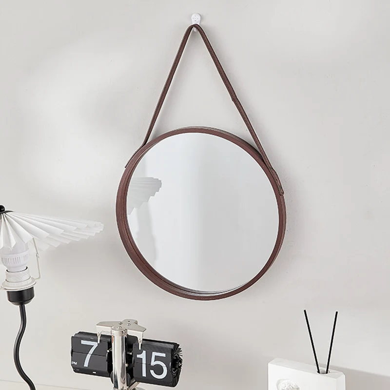 Modern Minimalist Round Faux Leather Medium Density Fiberboard Glass Wall Mirror Hanging Mirror For Bedroom