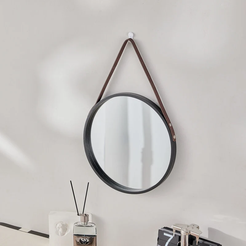 Modern Minimalist Round Faux Leather Medium Density Fiberboard Glass Wall Mirror Hanging Mirror For Bedroom