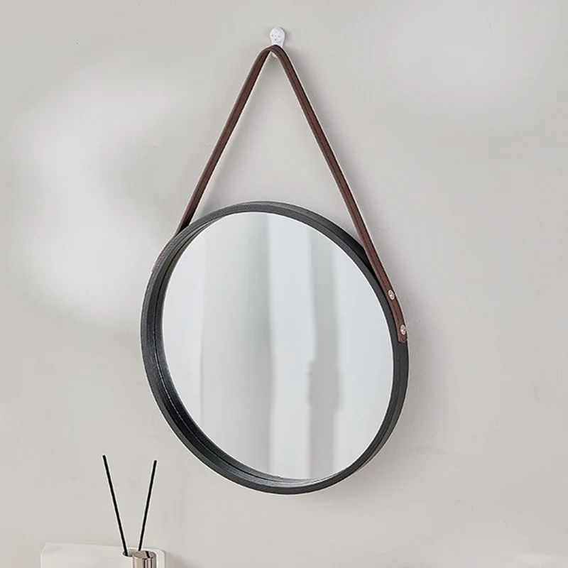 Modern Minimalist Round Faux Leather Medium Density Fiberboard Glass Wall Mirror Hanging Mirror For Bedroom