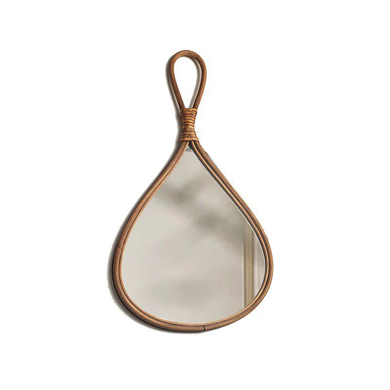 Traditional Chinese Round Teardrop-Shaped Natural Rattan Medium Density Fiberboard Glass Wall Mirror Hanging Mirror For Bedroom