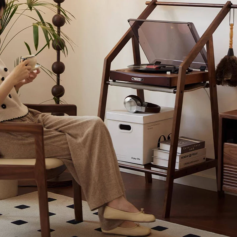 Traditional Japanese Walnut Wood Tech Fabric Geometric Line Storage Shelf 2-Tier For Entryway & Hallway
