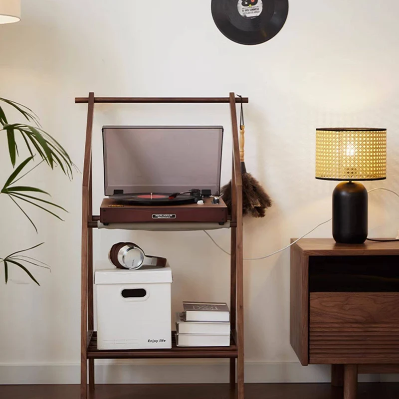 Traditional Japanese Walnut Wood Tech Fabric Geometric Line Storage Shelf 2-Tier For Entryway & Hallway