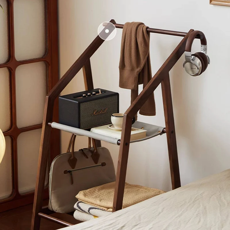 Traditional Japanese Walnut Wood Tech Fabric Geometric Line Storage Shelf 2-Tier For Entryway & Hallway