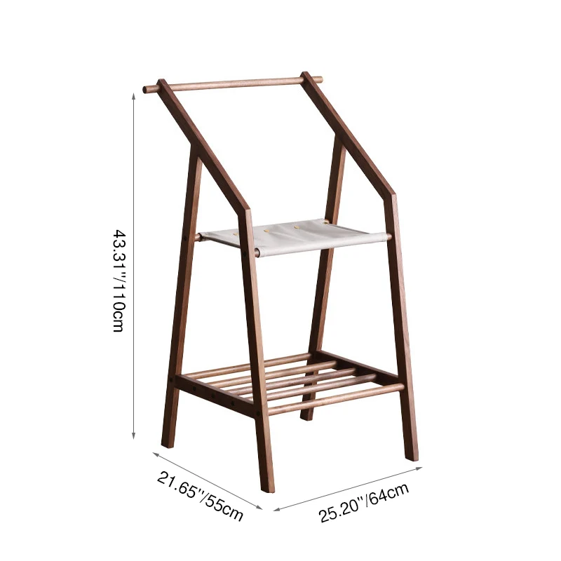 Traditional Japanese Walnut Wood Tech Fabric Geometric Line Storage Shelf 2-Tier For Entryway & Hallway