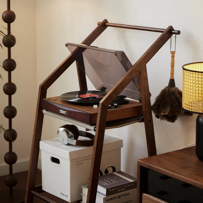 Traditional Japanese Walnut Wood Tech Fabric Geometric Line Storage Shelf 2-Tier For Entryway & Hallway
