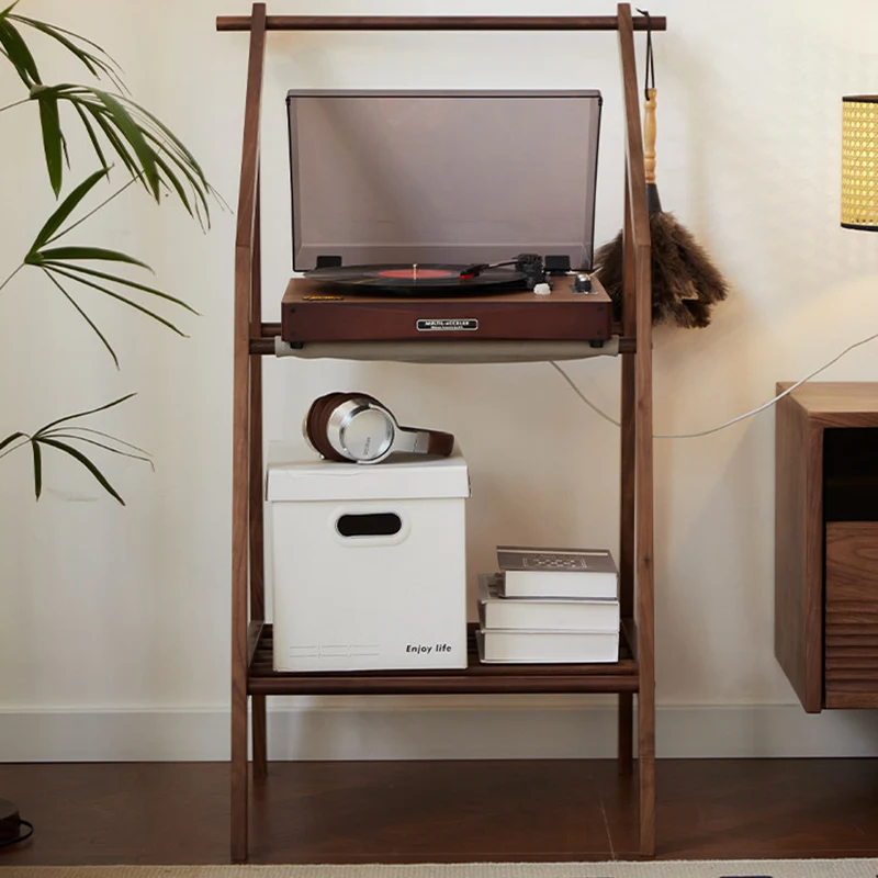 Traditional Japanese Walnut Wood Tech Fabric Geometric Line Storage Shelf 2-Tier For Entryway & Hallway