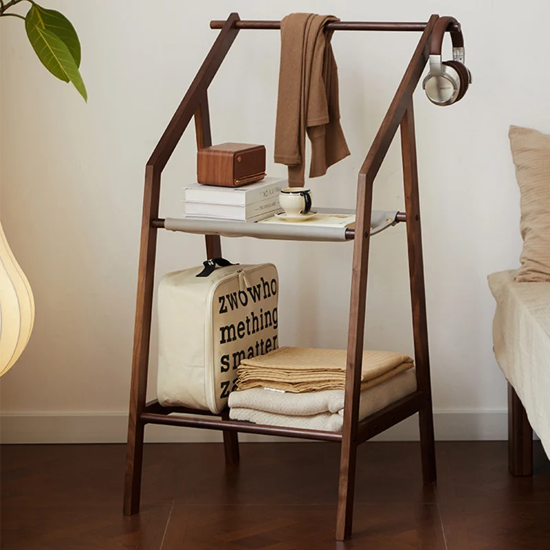 Traditional Japanese Walnut Wood Tech Fabric Geometric Line Storage Shelf 2-Tier For Entryway & Hallway