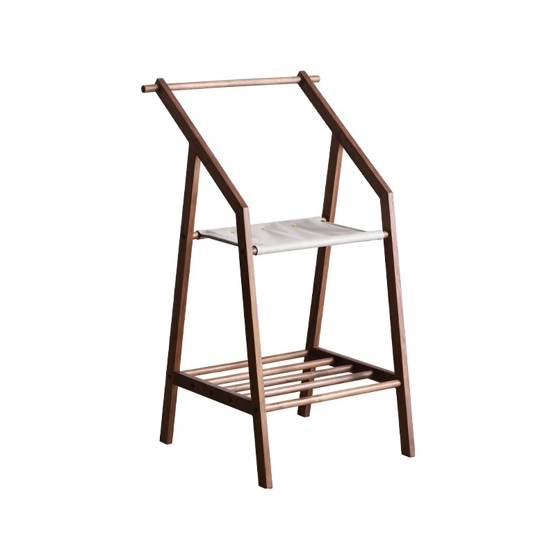 Traditional Japanese Walnut Wood Tech Fabric Geometric Line Storage Shelf 2-Tier For Entryway & Hallway