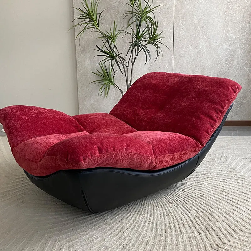 Contemporary Chenille Lazy Curved Ergonomic Design Accent Chair - Nordic Accent Floor Sofa With Eco Leather Base & High-Density Cushion For Living Room