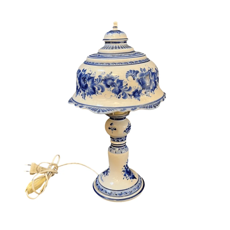 Russian Gzhel style lamp, white and blue porcelain