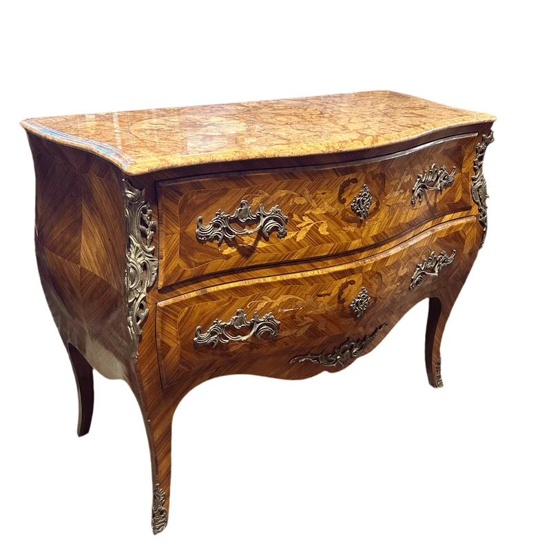 Louis XV style chest of drawers in orange-toned marble with marquetry