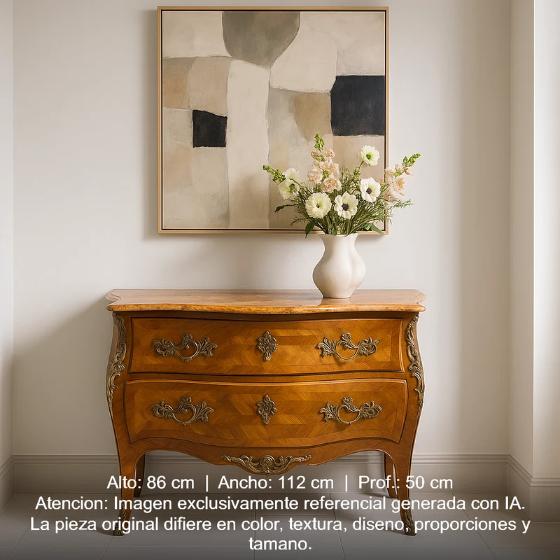 Louis XV style chest of drawers in orange-toned marble with marquetry