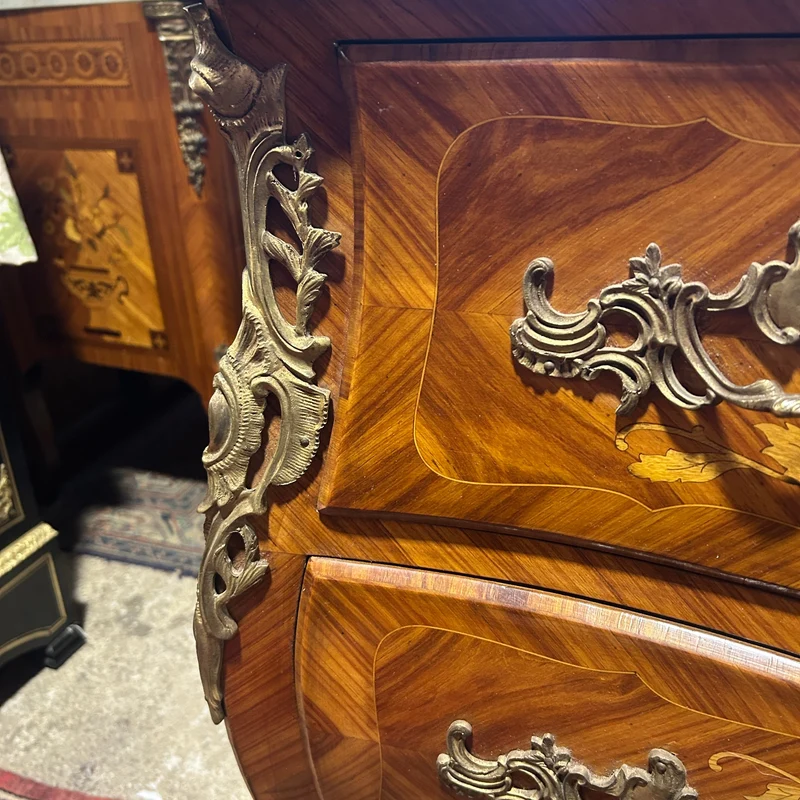 Louis XV style chest of drawers in orange-toned marble with marquetry