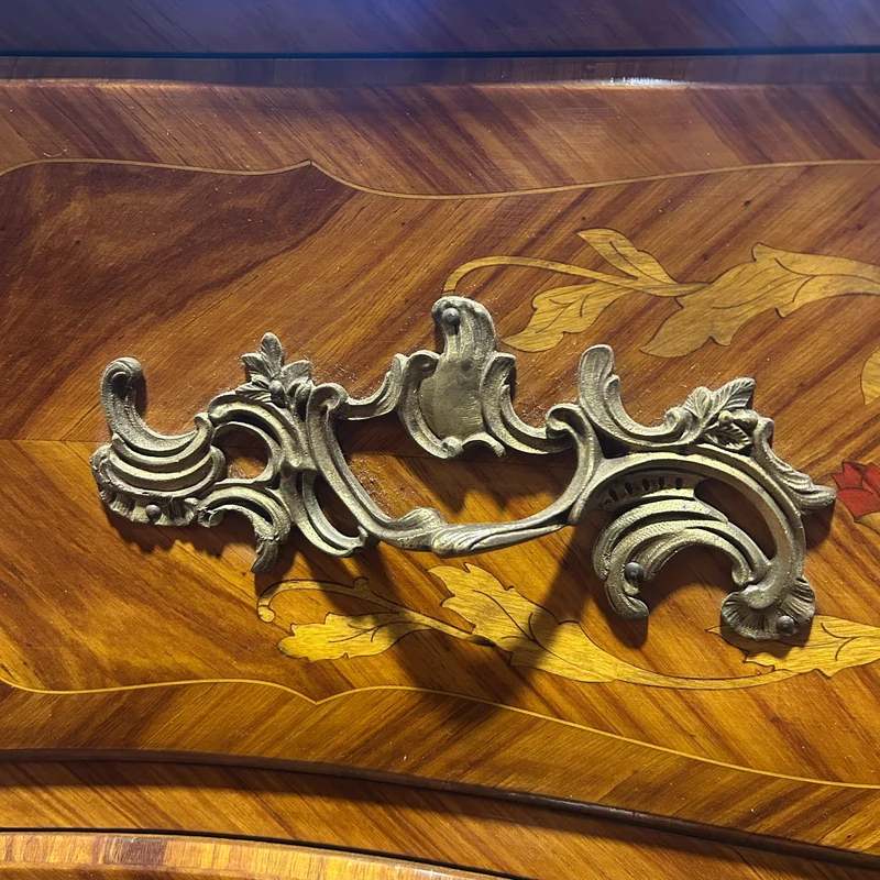 Louis XV style chest of drawers in orange-toned marble with marquetry
