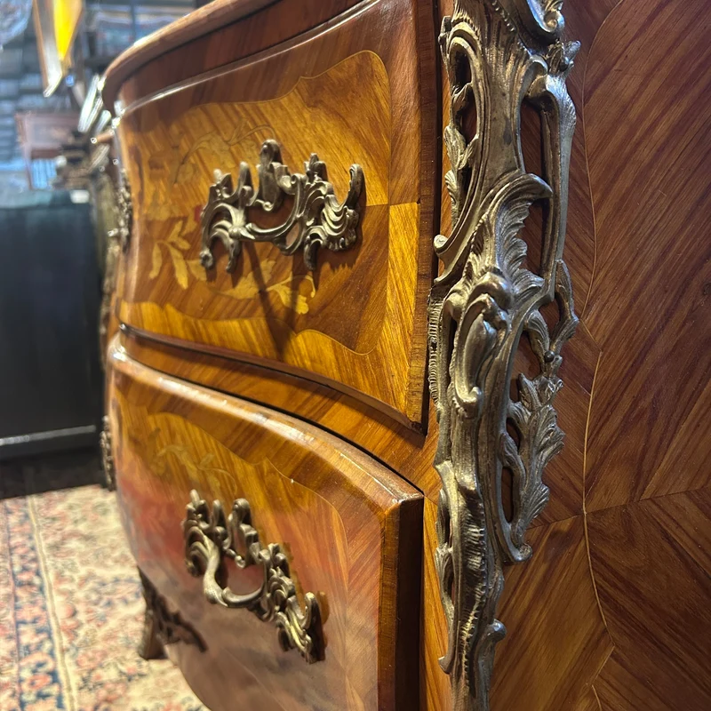 Louis XV style chest of drawers in orange-toned marble with marquetry