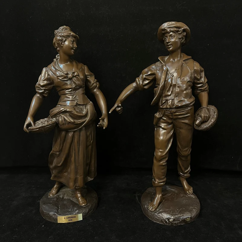 Pewter Peasant Couple by French sculptor Adolphe Jean Lavergne (1863-1927)