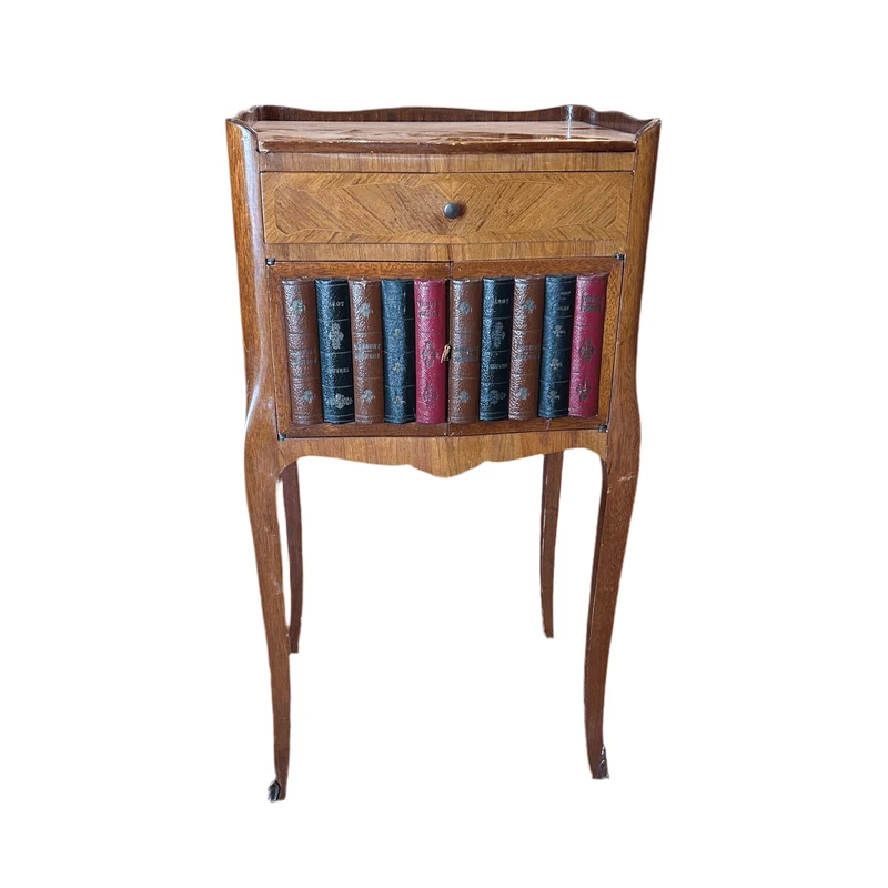 Louis XVI nightstand with bronze plating and trompe l'oeil book cover