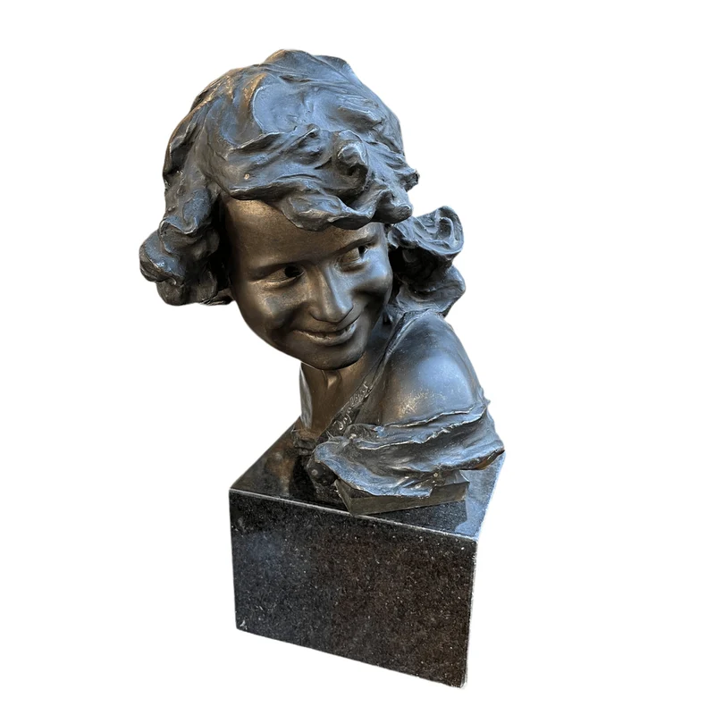 Jean Antoine Injalbert - French sculpture, bust of a girl in bronze and marble base