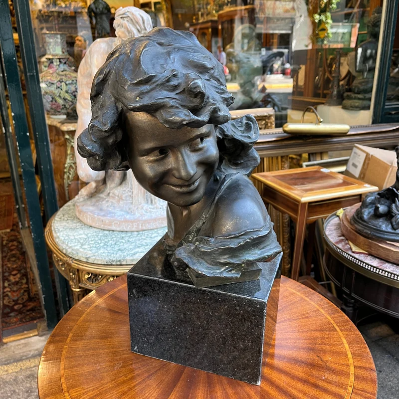 Jean Antoine Injalbert - French sculpture, bust of a girl in bronze and marble base