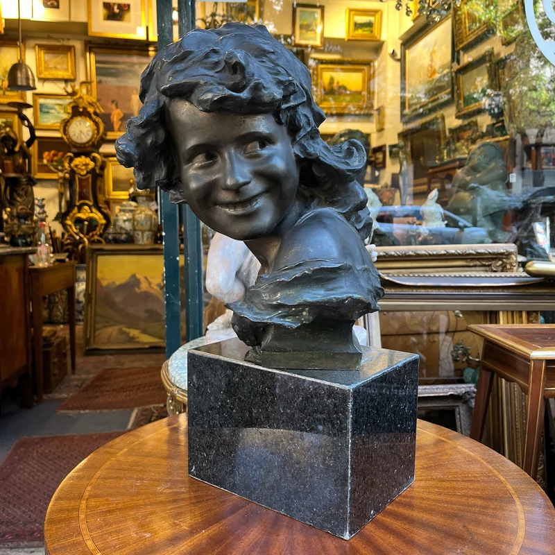 Jean Antoine Injalbert - French sculpture, bust of a girl in bronze and marble base