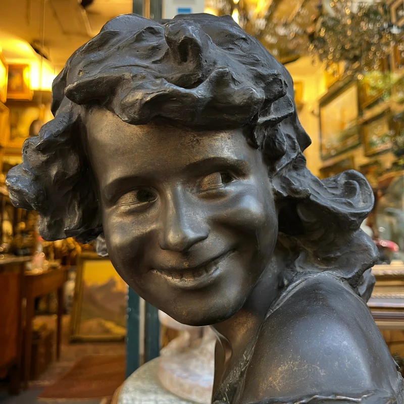 Jean Antoine Injalbert - French sculpture, bust of a girl in bronze and marble base