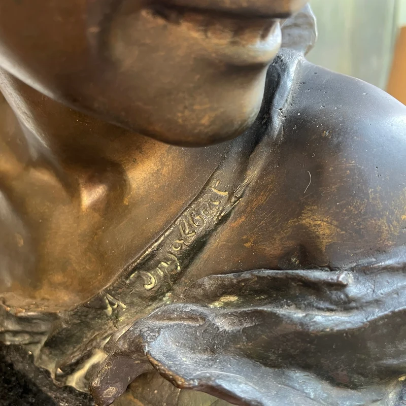 Jean Antoine Injalbert - French sculpture, bust of a girl in bronze and marble base
