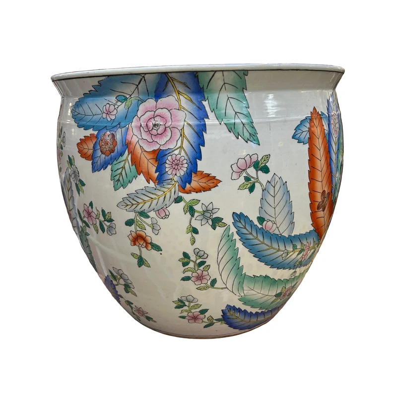 Large pair of mid-20th century Chinese porcelain fishbowls in a floral style
