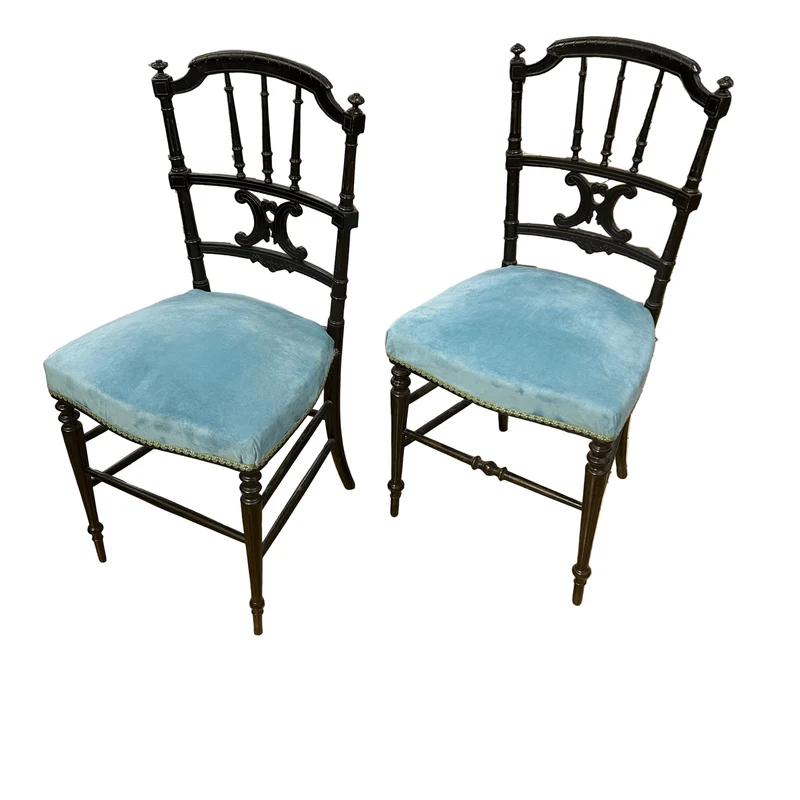 Pair of French Napoleon III chairs, lacquered with turquoise velvet upholstery
