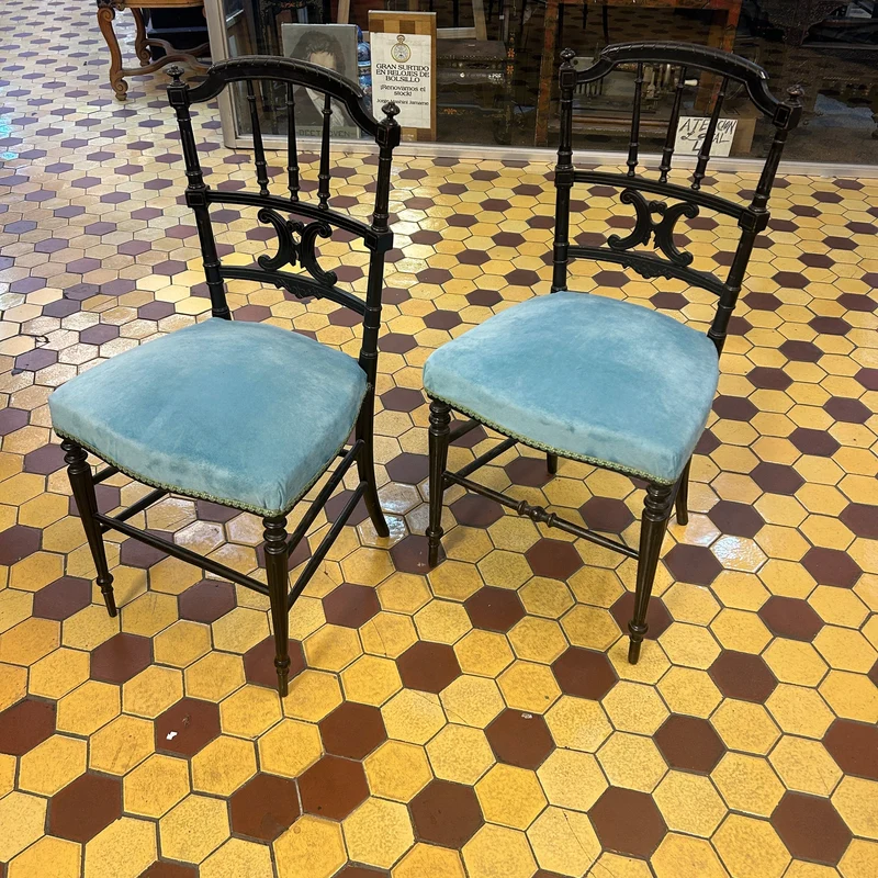 Pair of French Napoleon III chairs, lacquered with turquoise velvet upholstery
