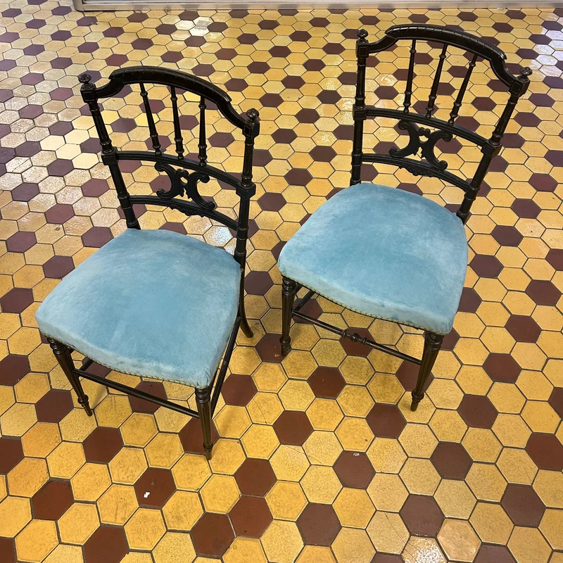 Pair of French Napoleon III chairs, lacquered with turquoise velvet upholstery