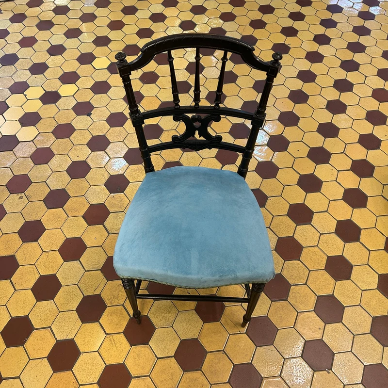 Pair of French Napoleon III chairs, lacquered with turquoise velvet upholstery