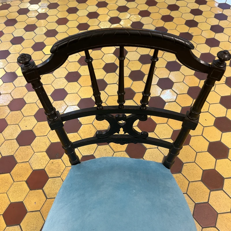 Pair of French Napoleon III chairs, lacquered with turquoise velvet upholstery