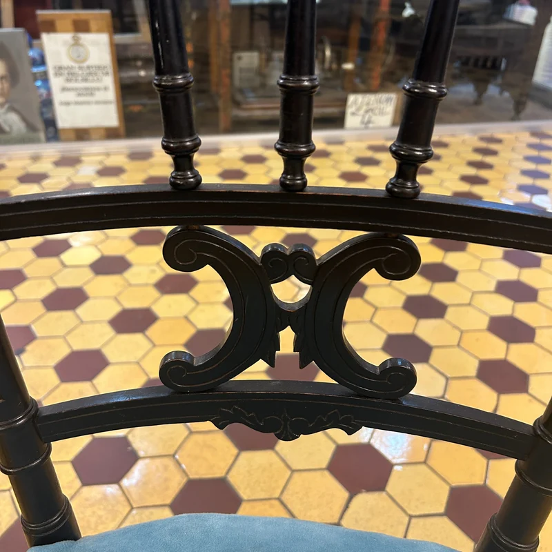 Pair of French Napoleon III chairs, lacquered with turquoise velvet upholstery