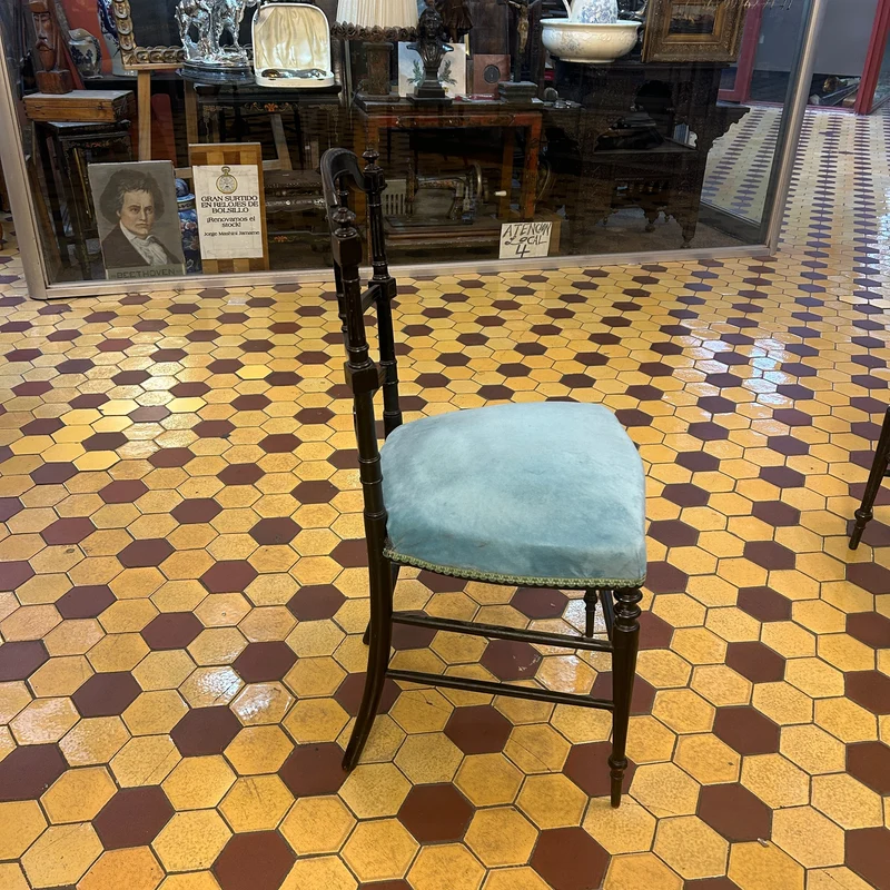 Pair of French Napoleon III chairs, lacquered with turquoise velvet upholstery