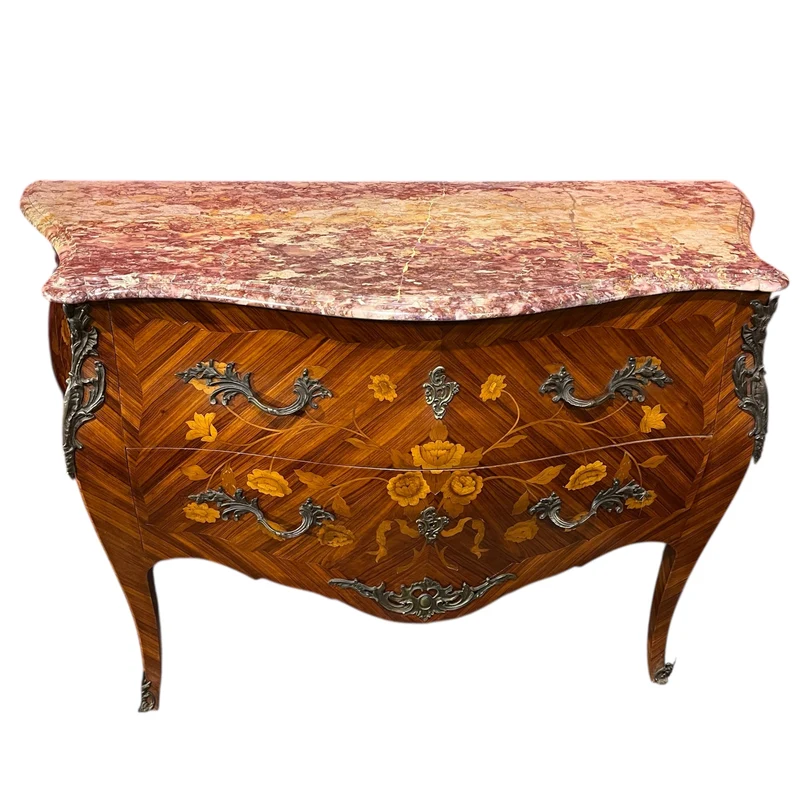 Louis XV bombé chest of drawers with floral marquetry and pink marble