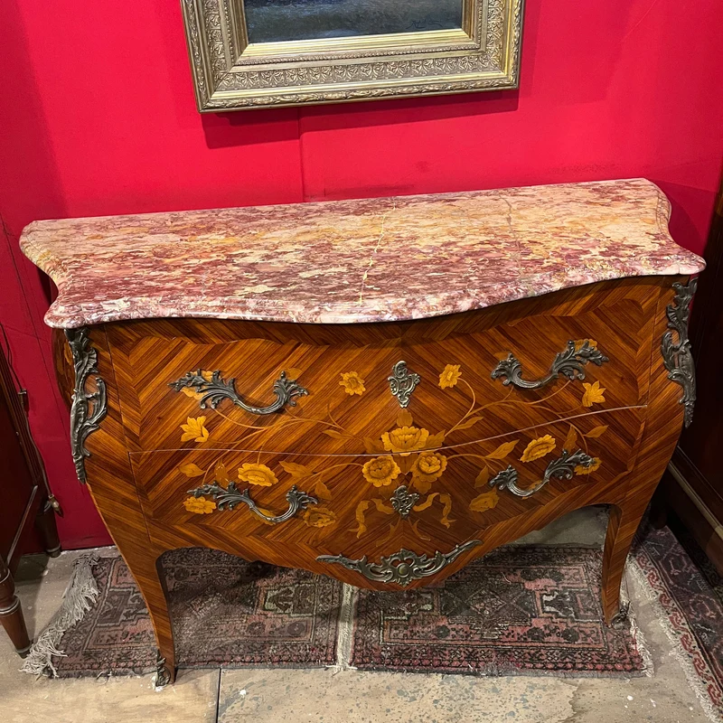 Louis XV bombé chest of drawers with floral marquetry and pink marble