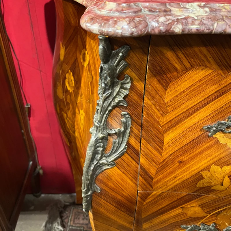 Louis XV bombé chest of drawers with floral marquetry and pink marble