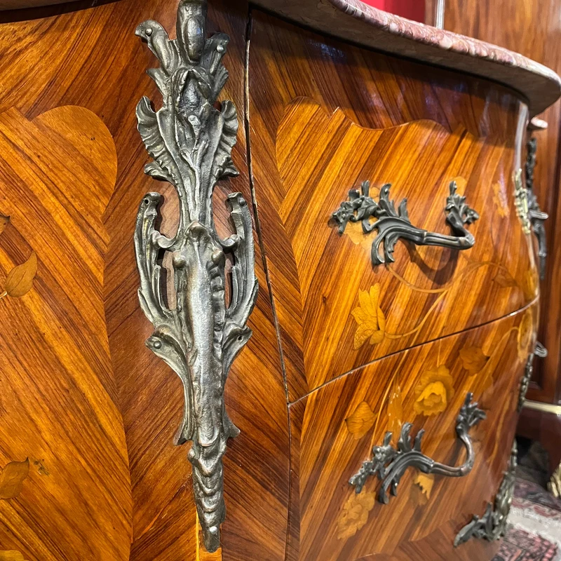 Louis XV bombé chest of drawers with floral marquetry and pink marble