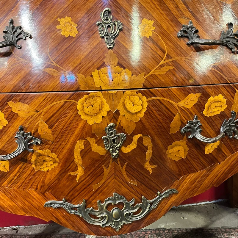Louis XV bombé chest of drawers with floral marquetry and pink marble