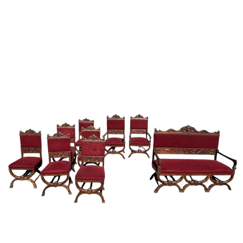French Renaissance style parlor set, 9 pieces, carved wood and red velvet upholstery