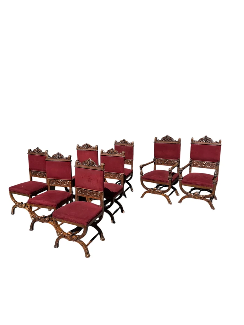French Renaissance style parlor set, 9 pieces, carved wood and red velvet upholstery