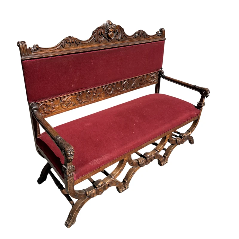 French Renaissance style parlor set, 9 pieces, carved wood and red velvet upholstery