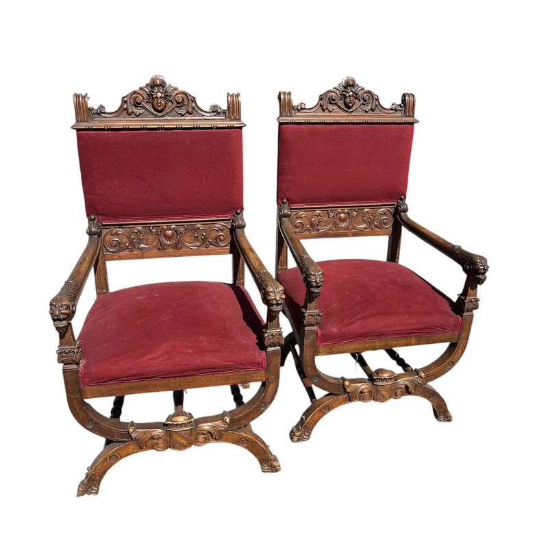 French Renaissance style parlor set, 9 pieces, carved wood and red velvet upholstery