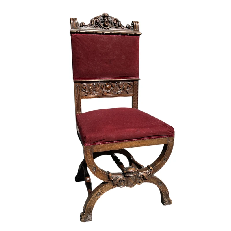 French Renaissance style parlor set, 9 pieces, carved wood and red velvet upholstery