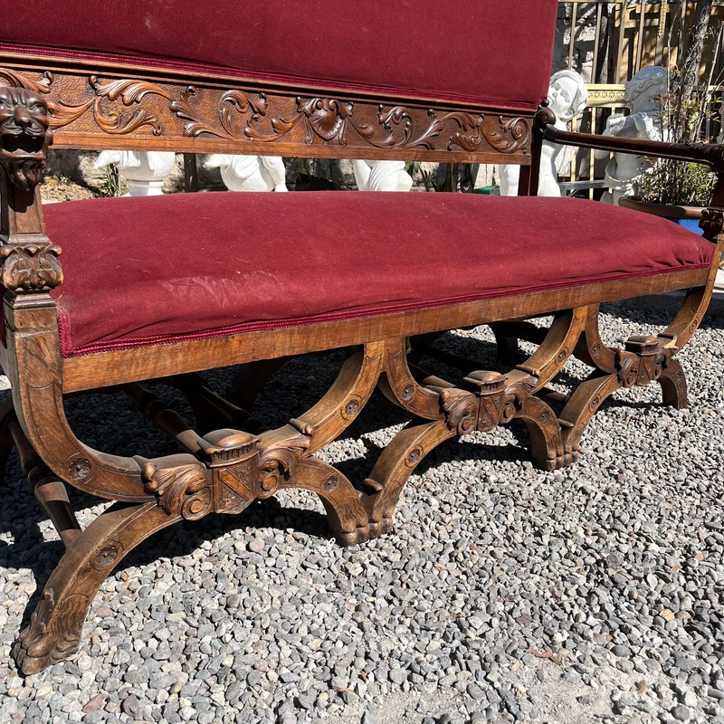 French Renaissance style parlor set, 9 pieces, carved wood and red velvet upholstery