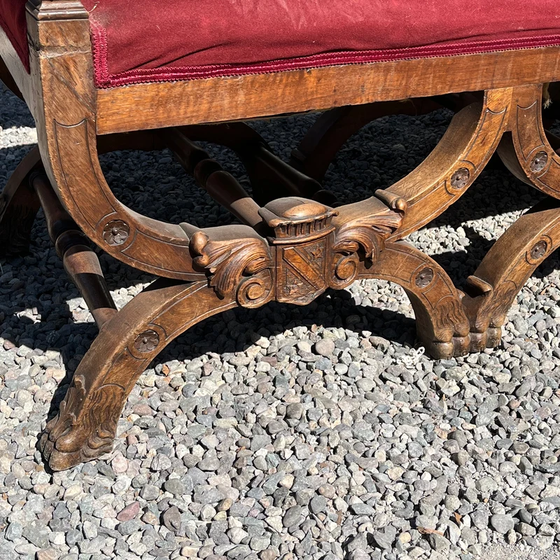 French Renaissance style parlor set, 9 pieces, carved wood and red velvet upholstery