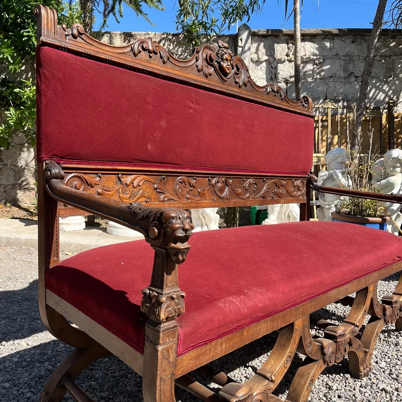 French Renaissance style parlor set, 9 pieces, carved wood and red velvet upholstery